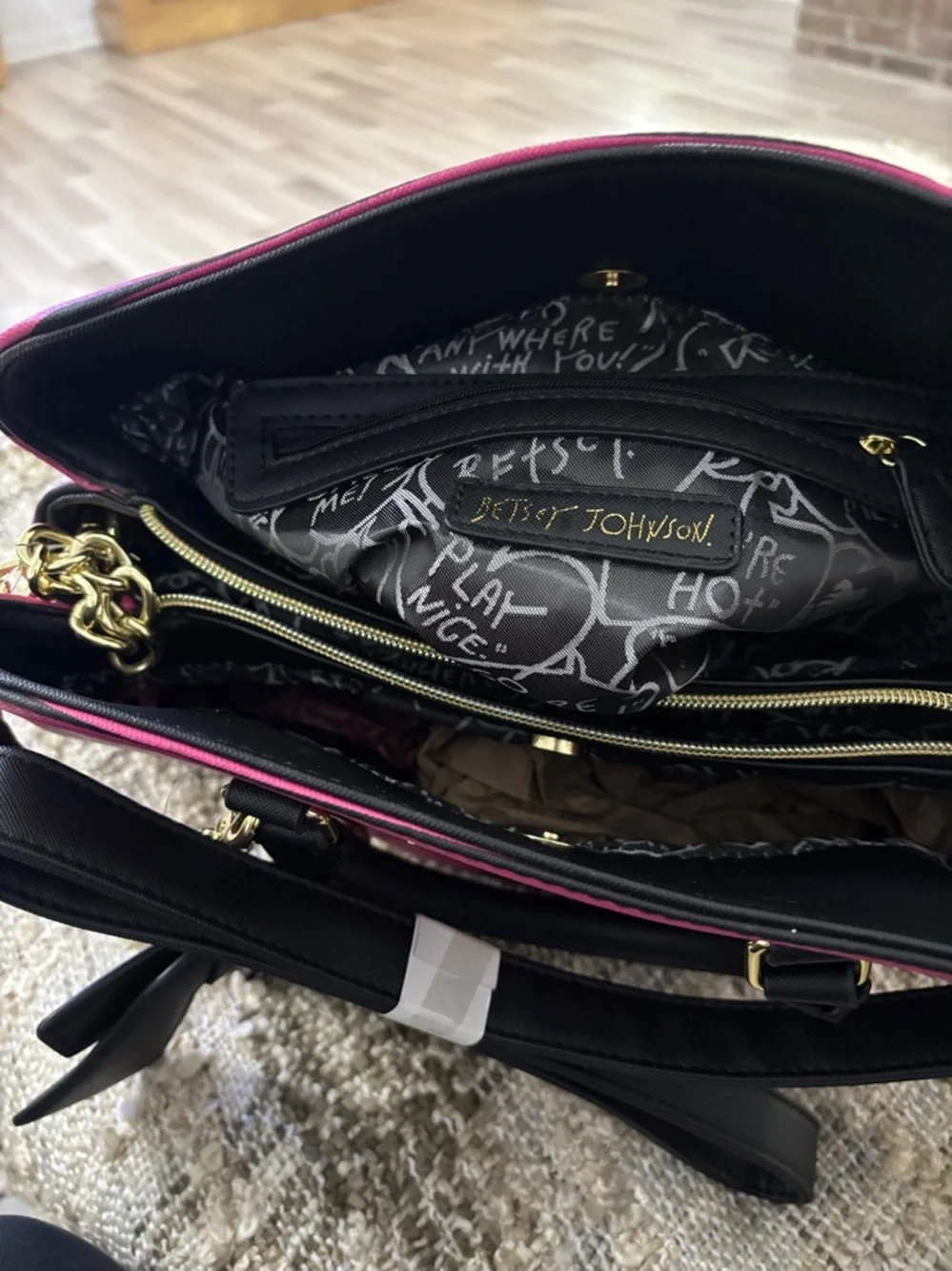Betsey Johnson Pink and Black Striped‎ Satchel with Bow Charm Shoulder Bag NWOT